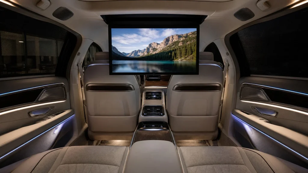 The 31.3-inch rear Theater Screen deployed inside the cabin of a 2023 BMW 7 Series.