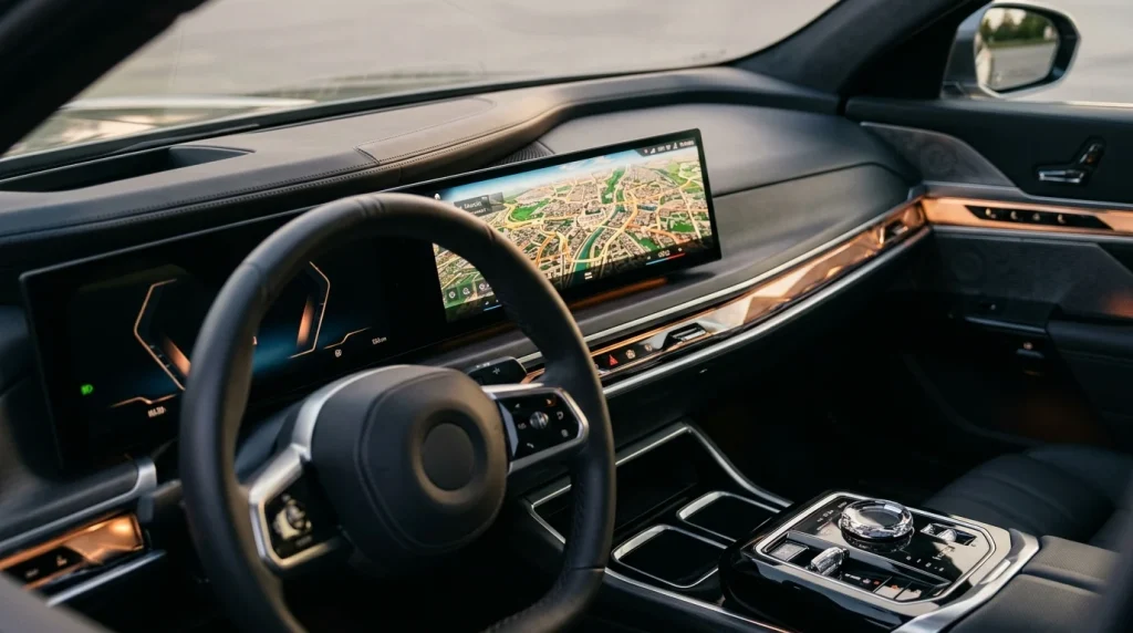 The curved digital dashboard display of a 2023 BMW 7 Series.