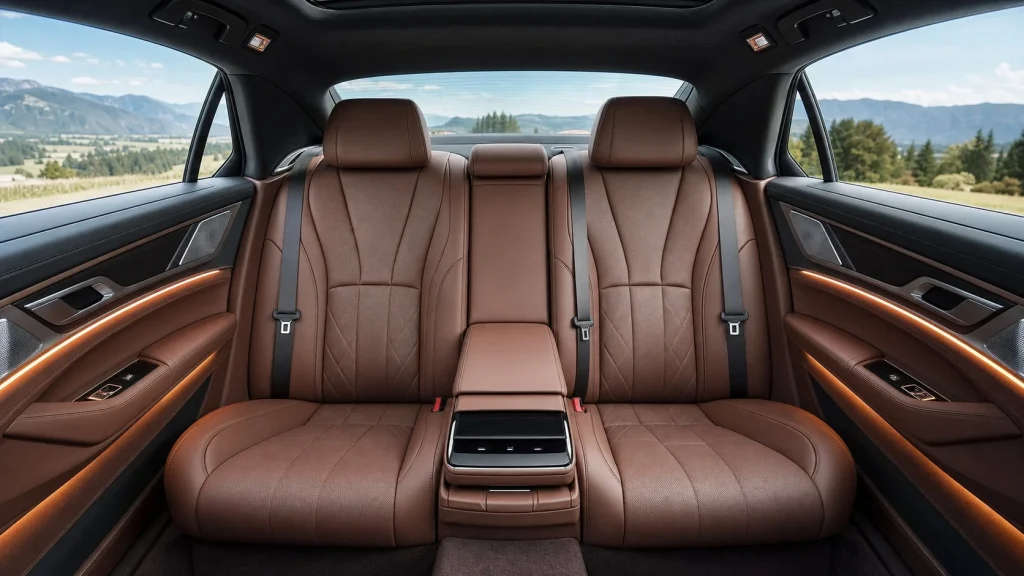 The rear passenger cabin of a 2023 BMW 8 Series Gran Coupe showing premium brown Merino leather seats.