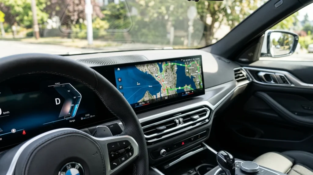 The curved digital instrument and infotainment screen on the 2023 BMW i4 dashboard