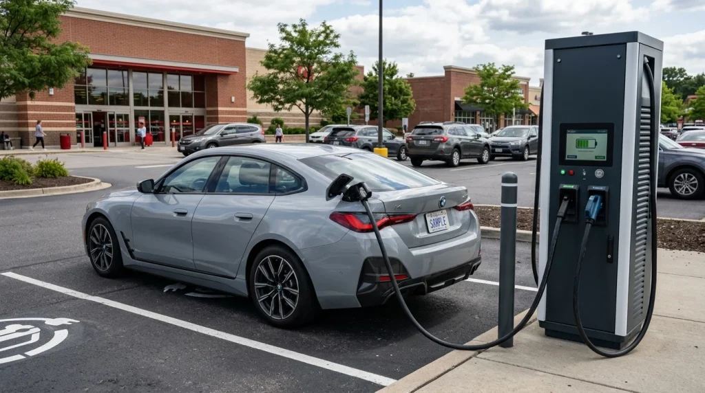 A 2023 BMW i4 charging at a public DC fast charging station