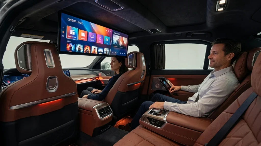 The luxurious rear passenger cabin of a used 2023 BMW i7 featuring the deployed 31.3-inch rear theater screen and Merino leather executive lounge seating.