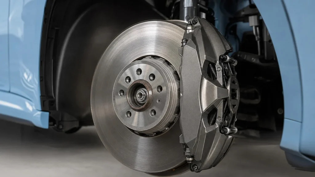 Close-up of the front brake rotor and caliper on a 2023 BMW M2.