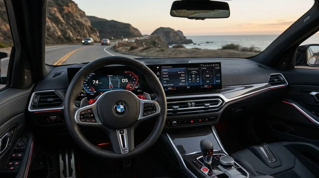 Detailed view of the BMW Curved Display and iDrive 8 digital interface inside the 2023 M3.