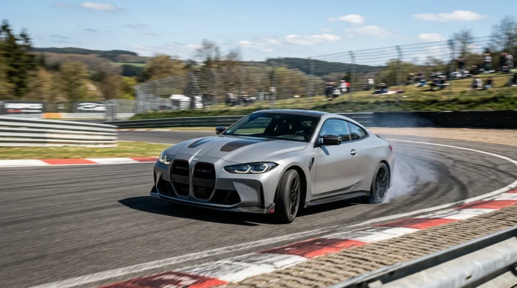 2023 BMW M4 Review: Specs, Prices, and Mid-Year Updates 4 A matte grey 2023 BMW M4 CSL racing on a track.