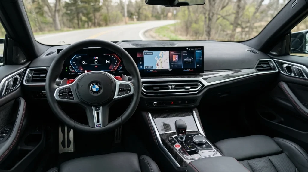 2023 BMW M4 Review: Specs, Prices, and Mid-Year Updates 5 The interior dashboard of a post-March 2023 BMW M4 showing the Curved Display screen.