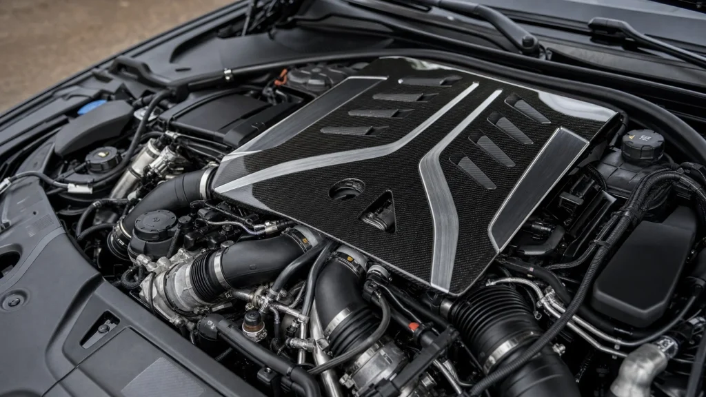 The 4.4-liter twin-turbo V8 engine under the hood of a 2023 BMW M5.
