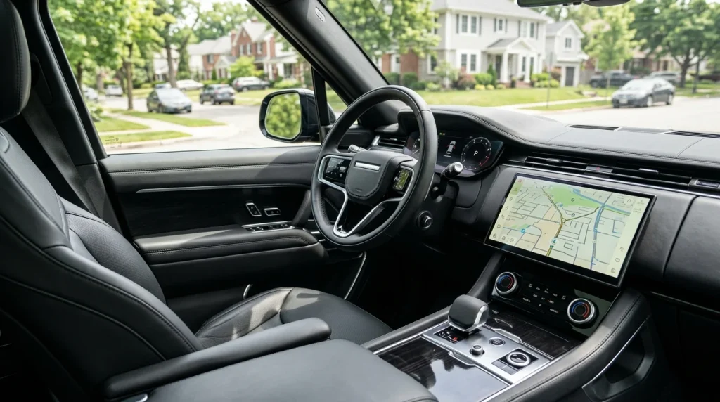 Clean and minimalist black leather dashboard and steering wheel of a modern luxury compact SUV