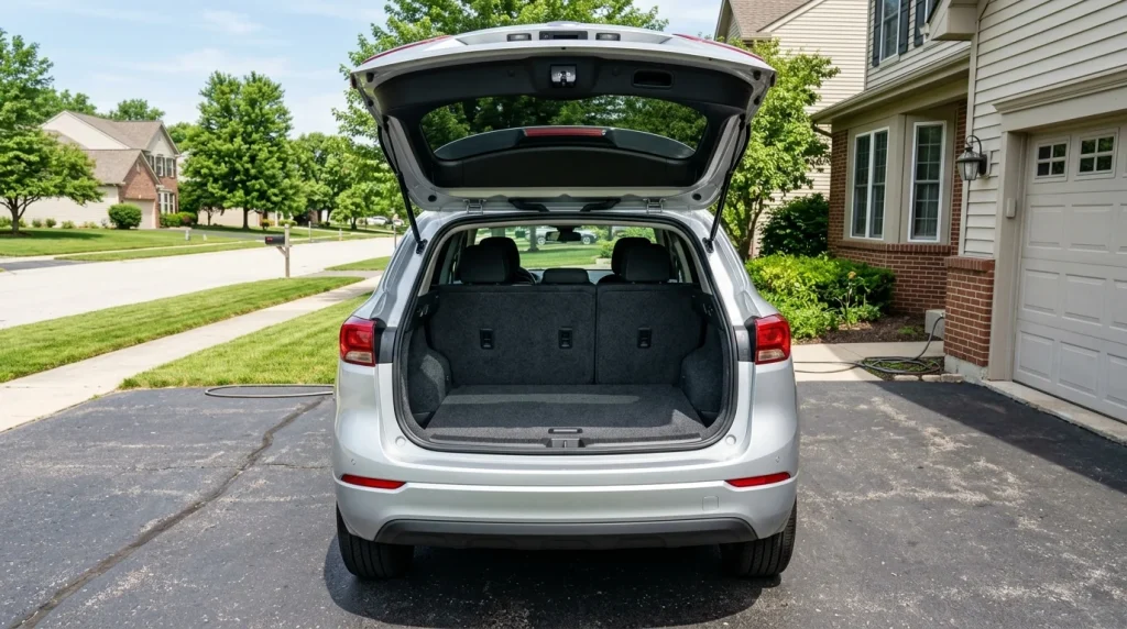 Opened rear cargo trunk of a silver compact luxury crossover SUV parked in a driveway