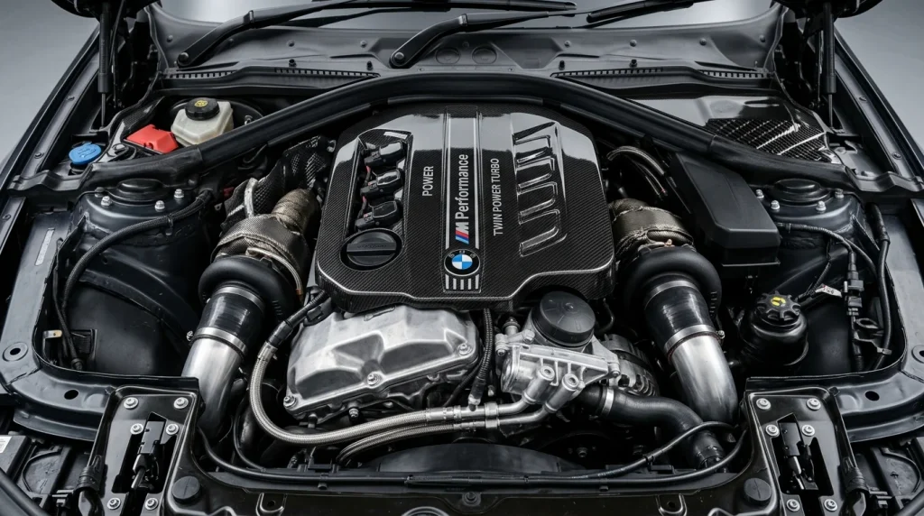 Close-up of the S58 twin-turbocharged inline-six engine bay in a BMW M vehicle