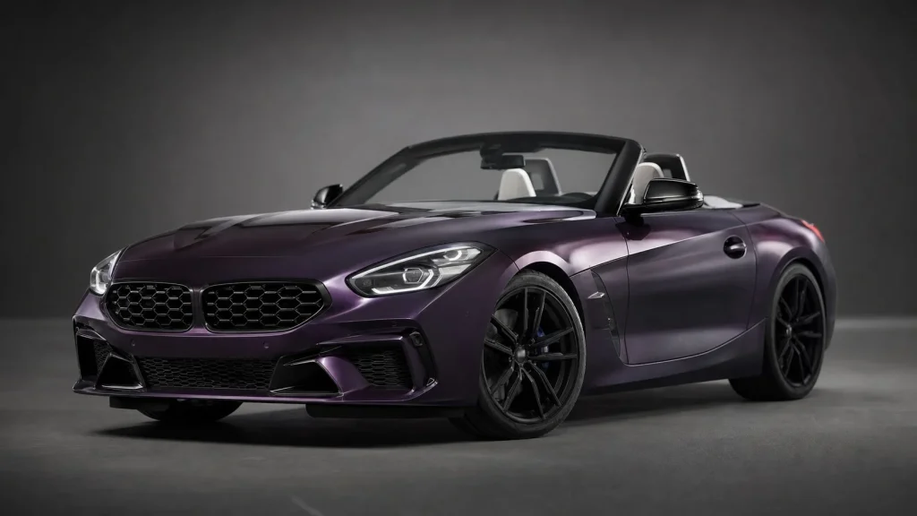 A purple luxury roadster with its top down in a studio setting.
