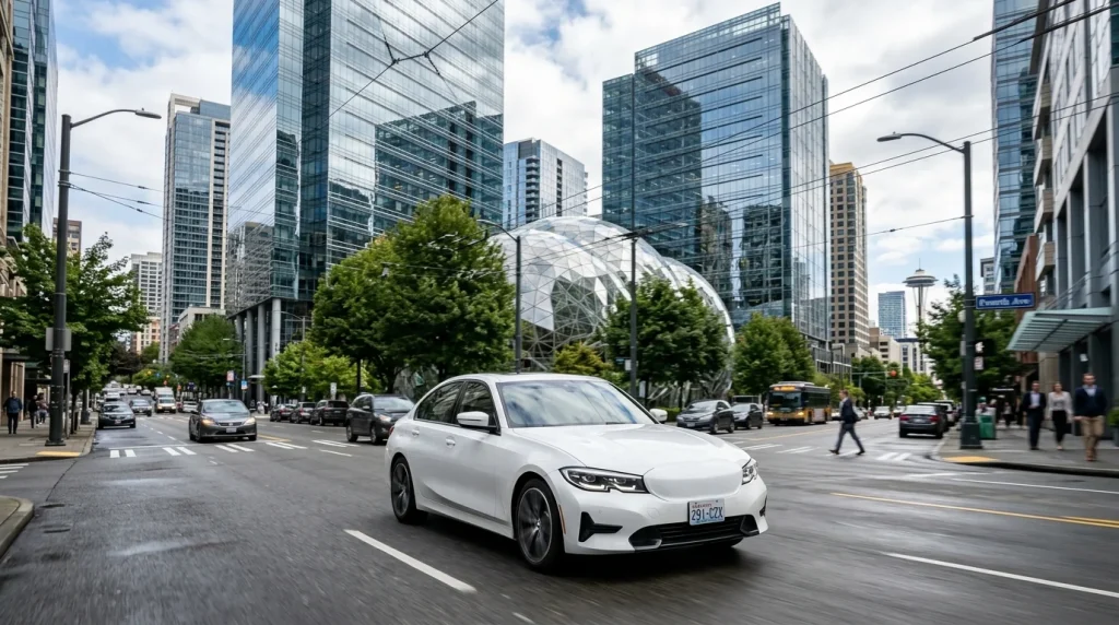 A white 2024 Audi A3 driving through the streets of Seattle, Washington.