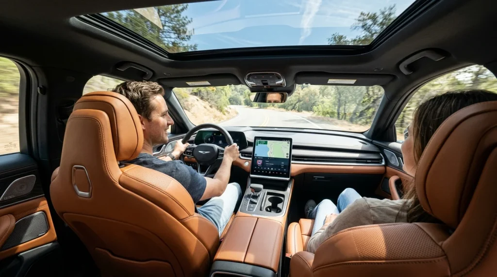 The premium front cabin of the 2024 Audi A3 showing the leather seating and touchscreen dashboard.