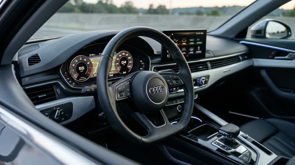 The clean interior dashboard and virtual cockpit display of a used 2024 Audi A4.
