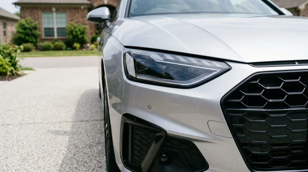 The sharp headlight design and front bumper of a silver 2024 Audi A4.