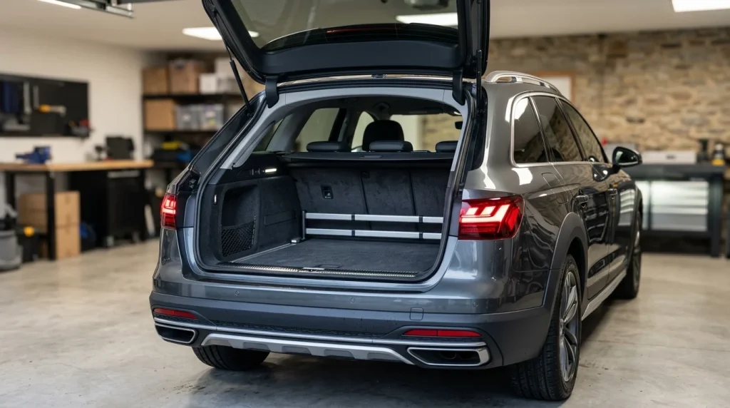 The open rear cargo compartment of a grey wagon showing its luggage capacity