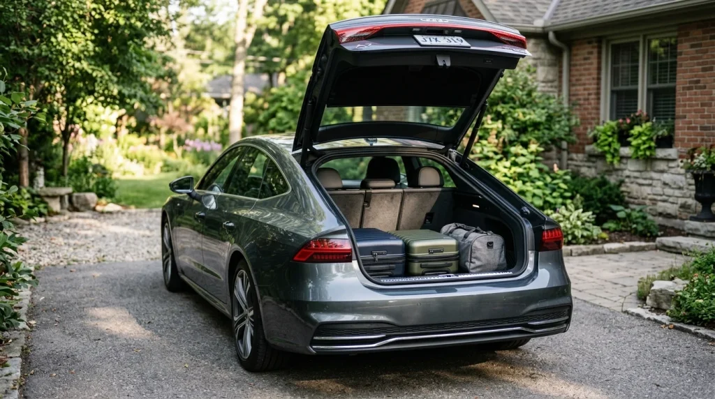 Open rear hatchback liftgate with luggage loaded