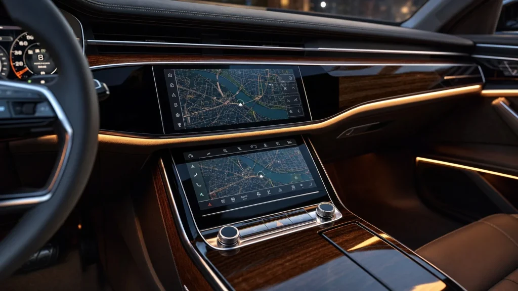 The premium interior dashboard and dual MMI touchscreens of a 2024 Audi A8