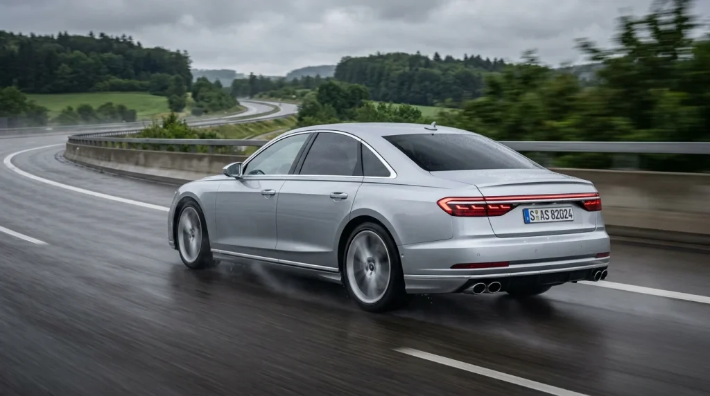 A silver 2024 Audi S8 high-performance sedan driving on a wet highway