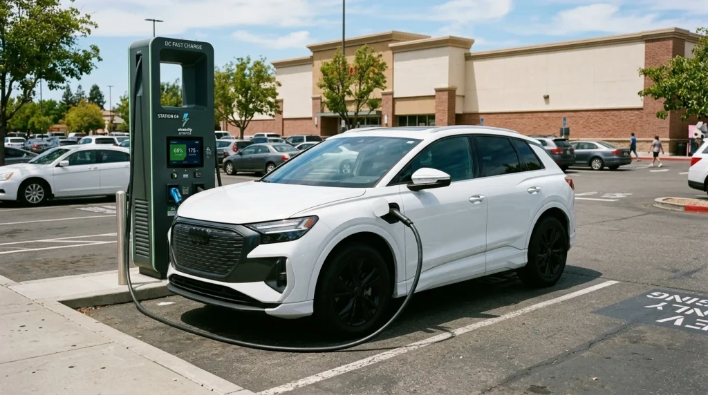 2024 Audi Q4 e-tron Review: Price, Range, and Performance Updates 5 White 2024 Audi Q4 e-tron charging at a public DC fast charger