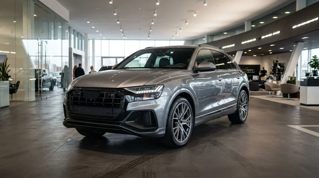 Redesigned front grille and fascia of the 2024 Audi Q8 in a modern showroom