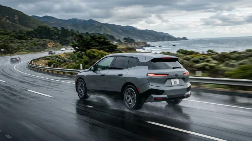 A 2024 Audi Q8 e-tron driving on a wet highway during a road trip.