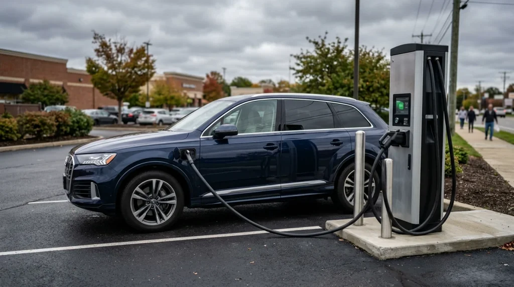 A 2024 Audi Q8 e-tron charging at a public DC fast charging station.