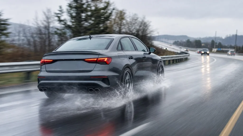 2024 Audi S3 Review: Price, Performance, and Features 4 A 2024 Audi S3 executing a turn on a wet highway showing its quattro all-wheel drive stability