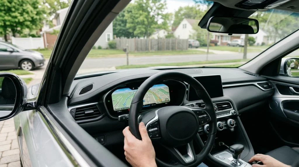 The modern digital cockpit and central touchscreen display inside a luxury SUV cabin