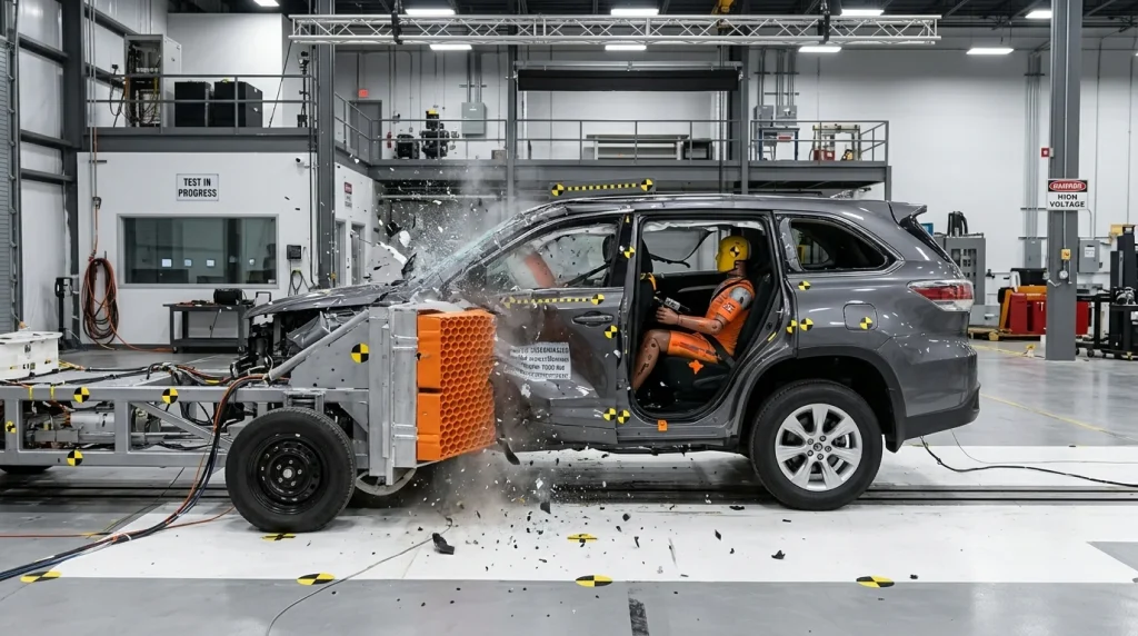 A vehicle undergoing safety crash testing in an official laboratory environment