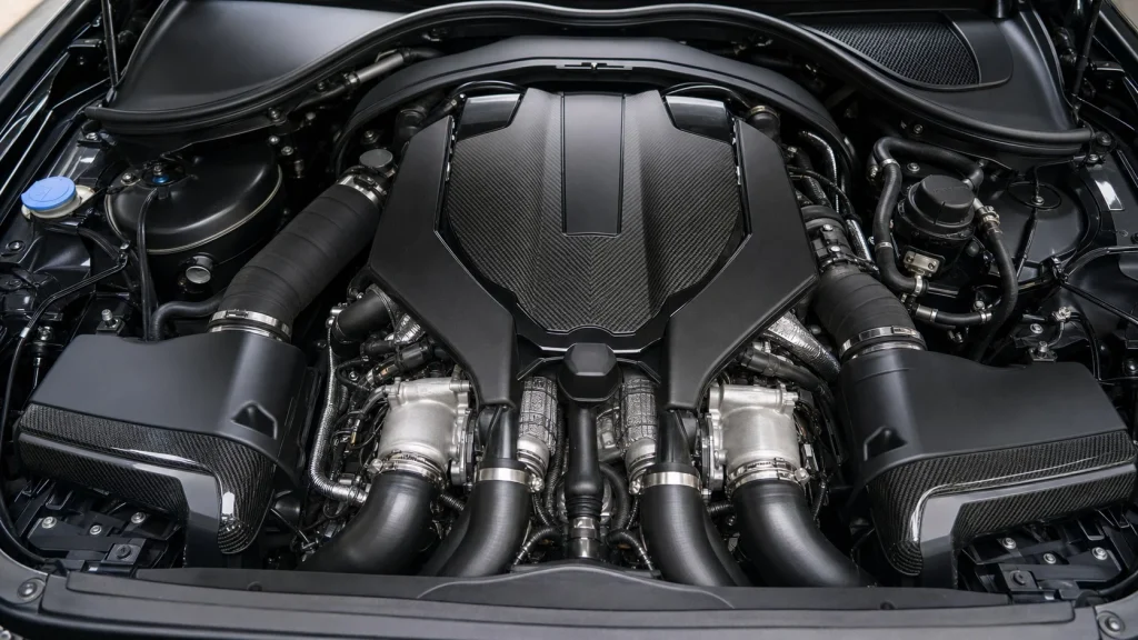 Close-up of the twin-turbocharged 4.0L V8 gasoline engine of the 2024 Audi SQ8