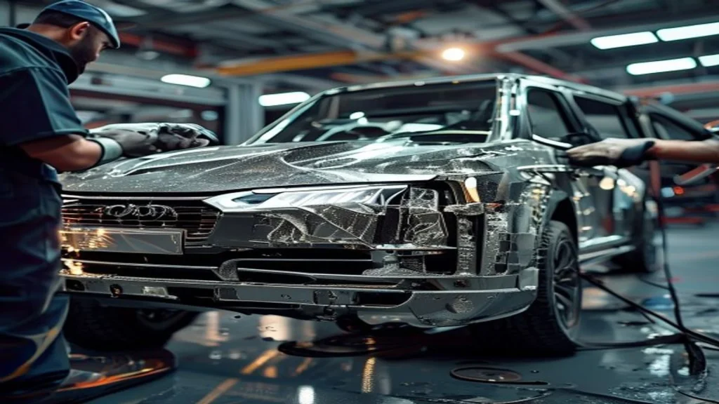 Inspection of an aluminum body frame inside a certified repair facility