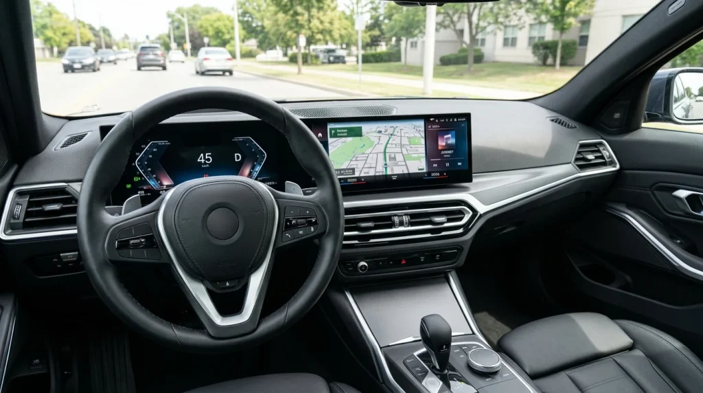 The curved dual-display dashboard inside the sport sedan cabin