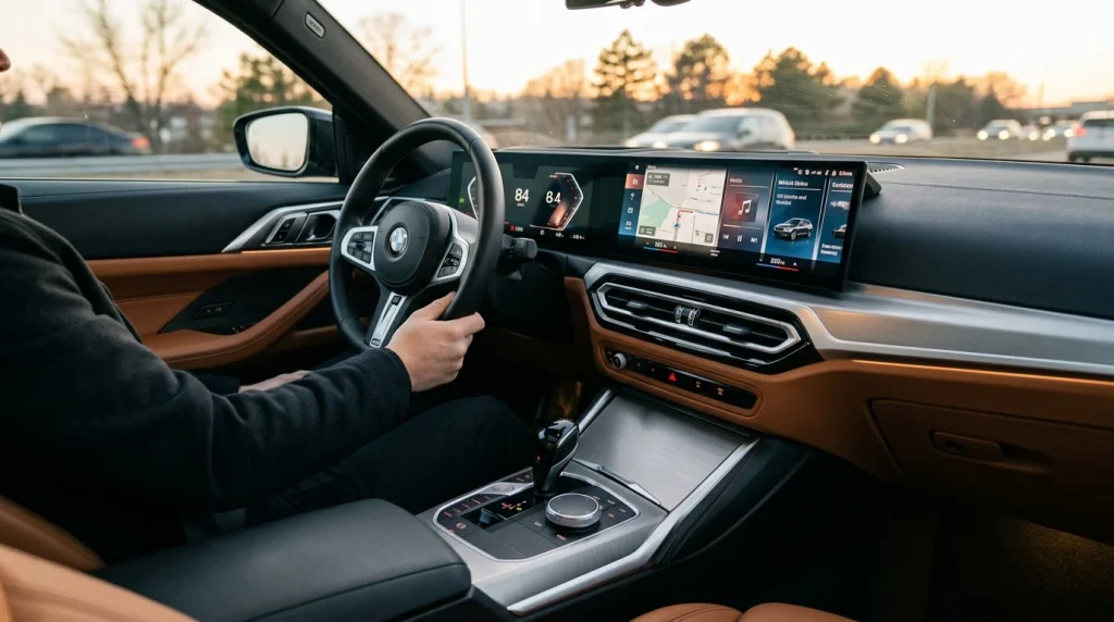 The clean digital Curved Display and toggle shifter inside the 2024 BMW 4-Series cabin