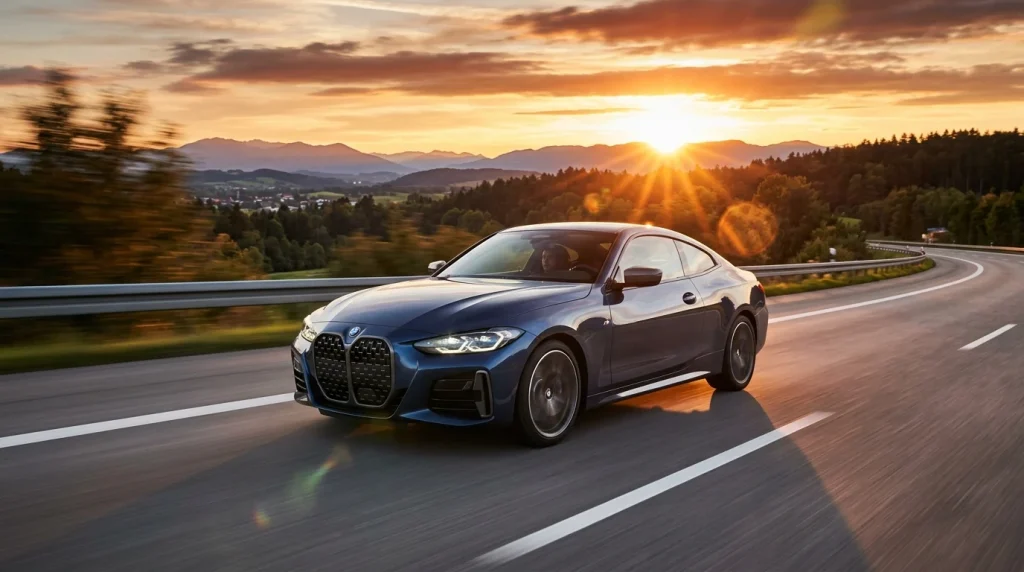 A 2024 BMW 4-Series Coupe driving on a highway during sunset