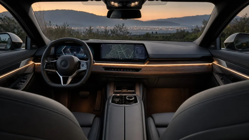 The high-tech interior dashboard of a 2024 BMW 5-Series featuring the Curved Display screen, open-pore wood trim, and modern ambient lighting.