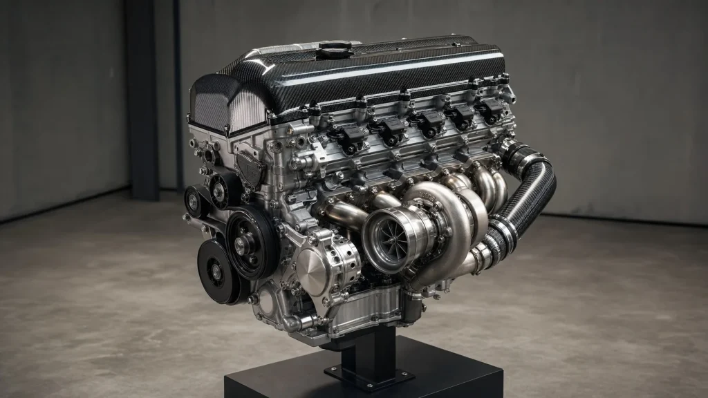 A detailed studio shot of a high-performance 3.0-liter turbocharged inline-six engine