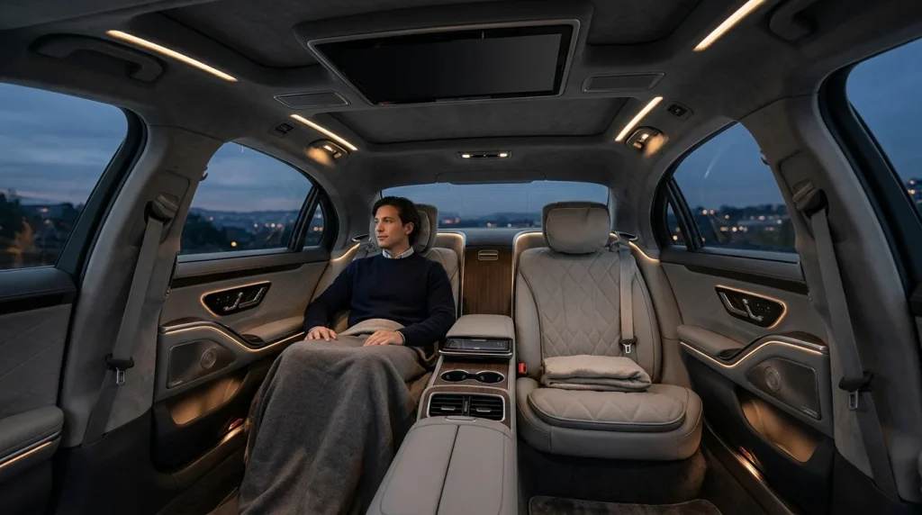 The luxurious rear cabin of a modern executive sedan featuring grey cashmere seats