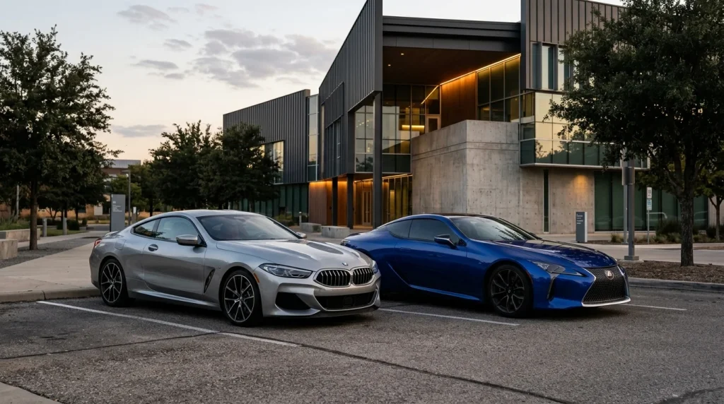 2024 BMW 8 Series Review: Prices, Specs, and Ownership Costs 5 A silver sports coupe and a blue luxury car parked side-by-side in front of a modern building.
