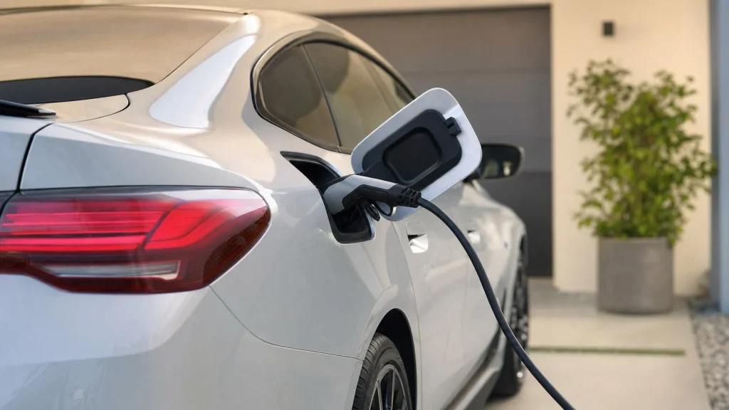 Level 2 charging cable connected to a 2024 BMW i4 charging port