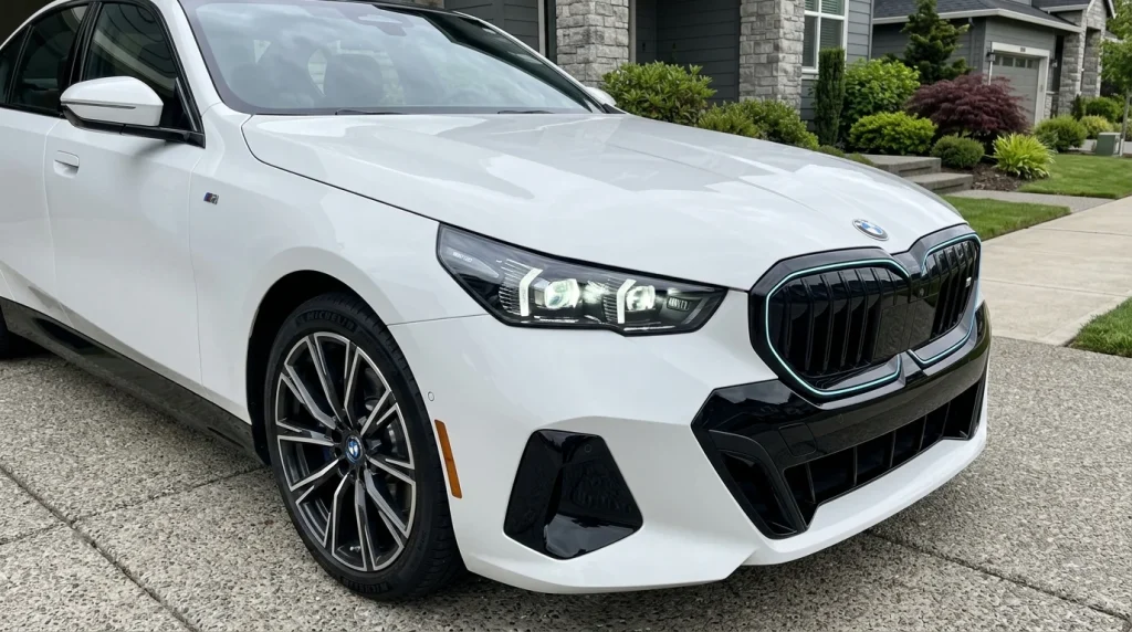 Close-up of the front grille and illuminated headlights of a white luxury electric sedan