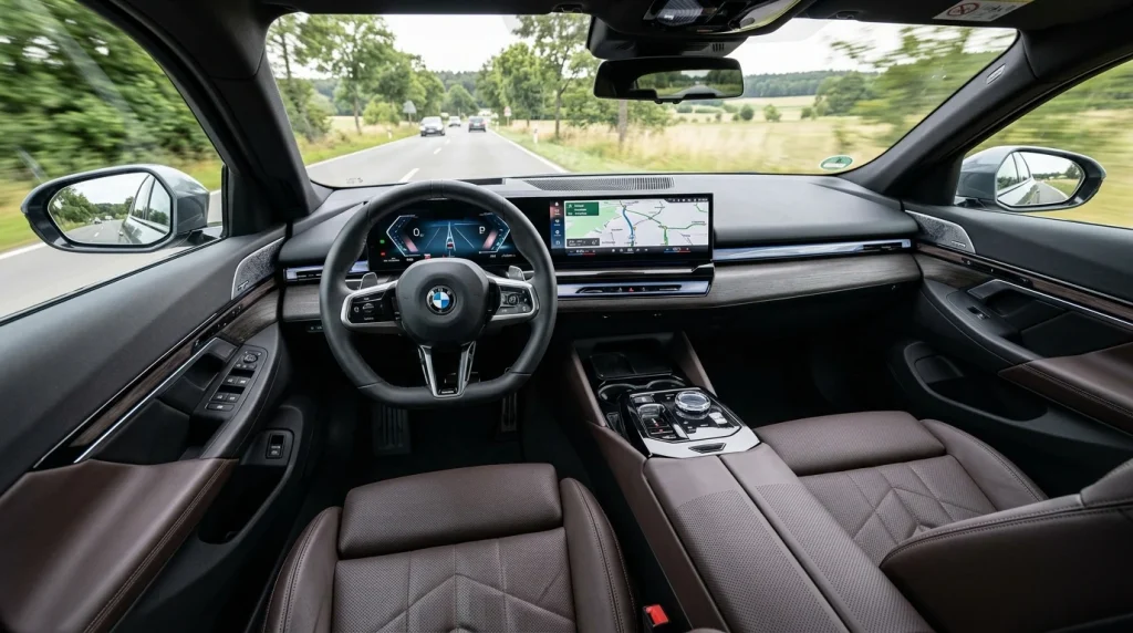 Interior cabin overview showing the curved display and synthetic leather seats of the luxury electric sedan