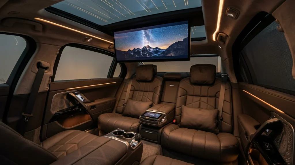 The 31.3-inch 8K theater screen deployed in the rear cabin of a 2024 BMW i7.