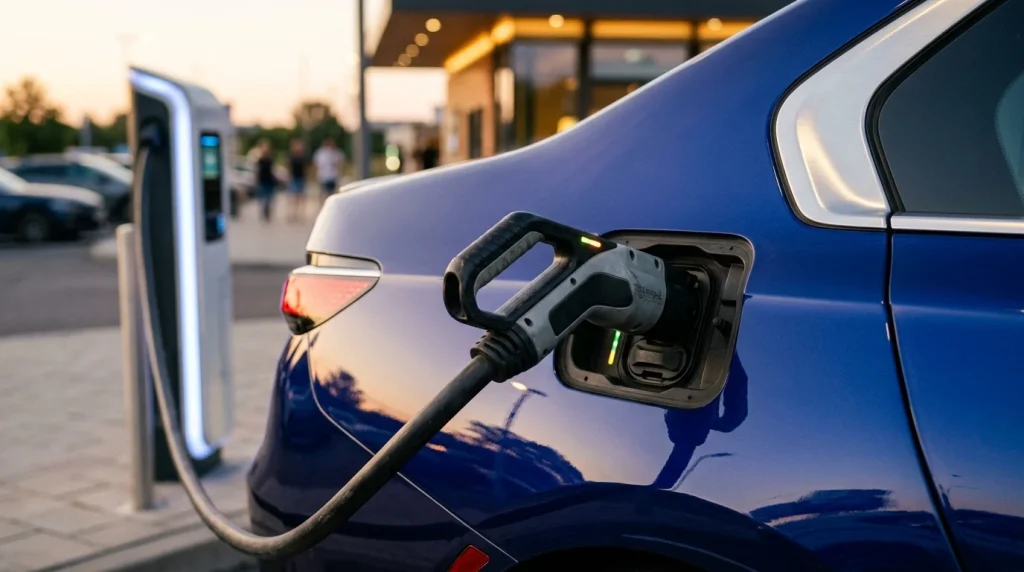 A 2024 BMW i7 charging at a public DC fast charging station.