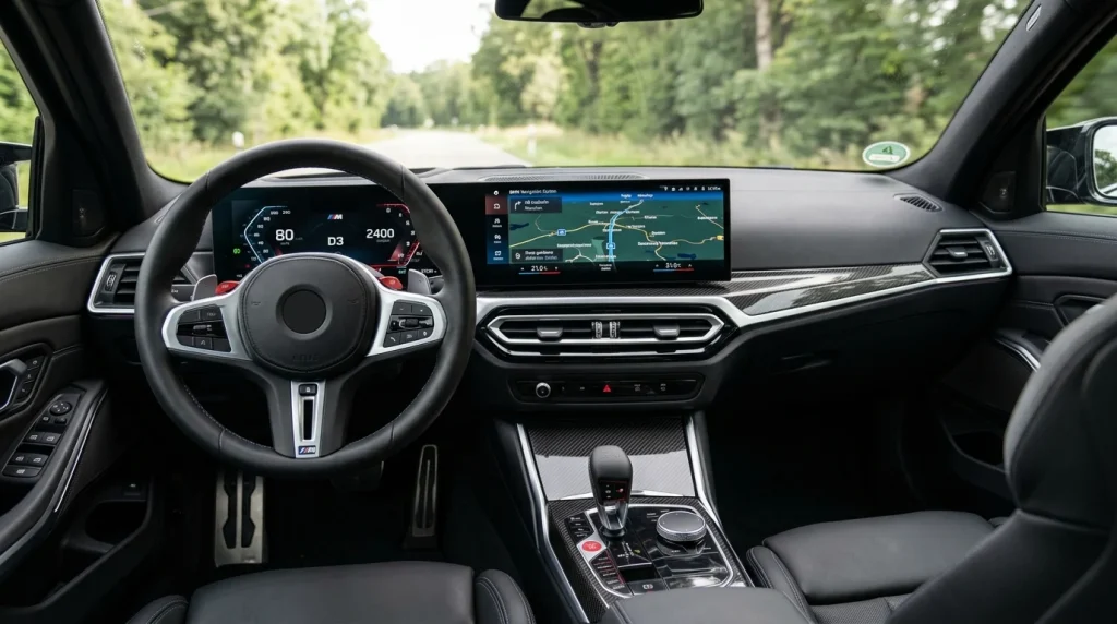 The dashboard and curved digital infotainment screen inside the vehicle.