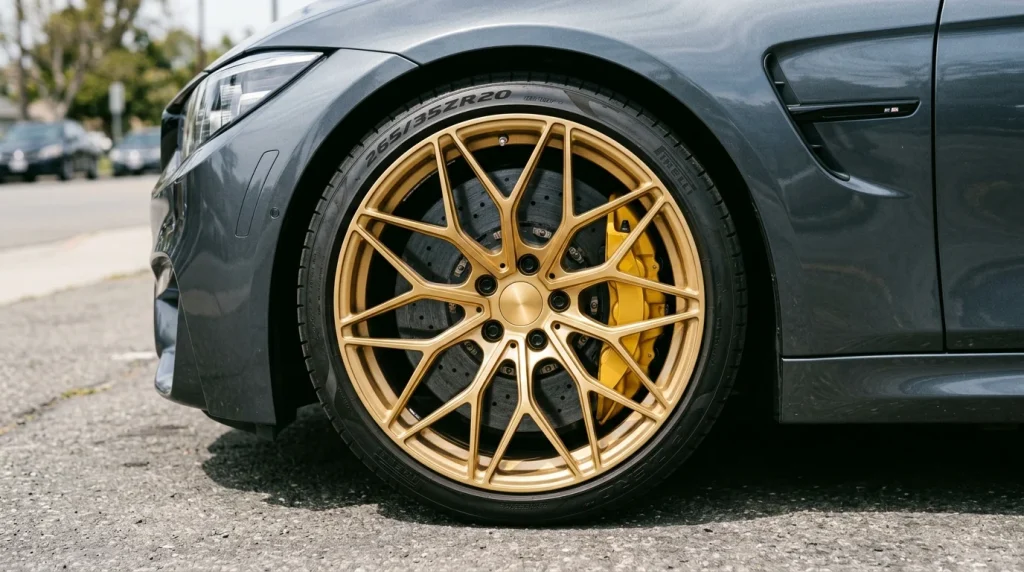 Detailed close-up of gold multi-spoke alloy wheels and carbon ceramic brakes.