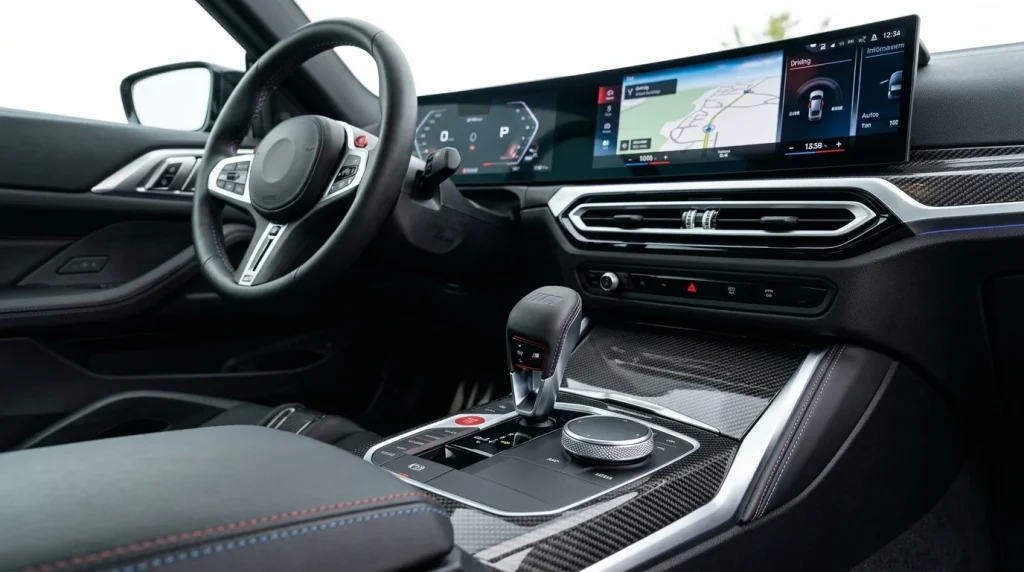 2024 BMW M4 Review: Price, Specs, and Tech Upgrades 4 The interior cabin of a 2024 BMW M4 highlighting the physical gear shifter and Curved Display