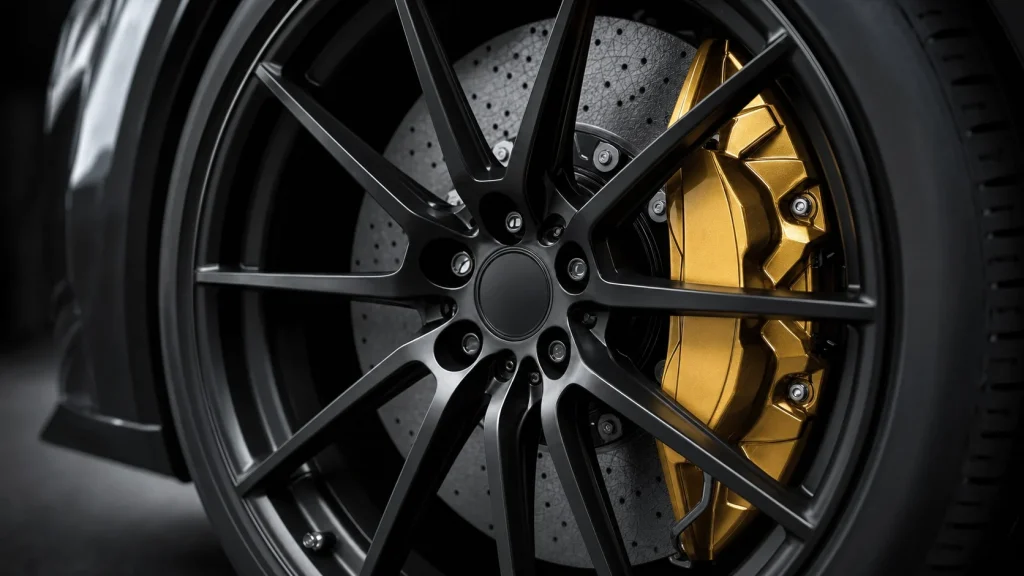 Close-up of the optional carbon-ceramic brake caliper on a 2024 BMW M8 Competition wheel.