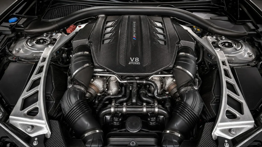 2024 BMW M8 Gran Coupe Review: Technical Specifications, Real-World Costs, and Owner Guide 4 Detailed view of the S63 twin-turbo V8 engine in the engine bay of a 2024 BMW M8 Gran Coupe.