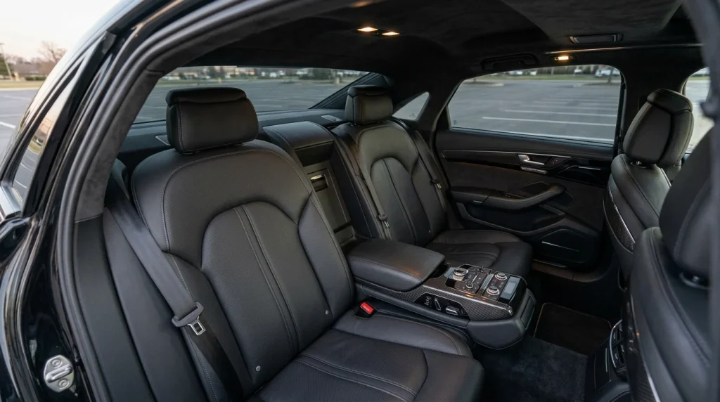 2024 BMW M8 Gran Coupe Review: Technical Specifications, Real-World Costs, and Owner Guide 5 Rear passenger cabin of a sports sedan showing the sloped fastback roofline and premium Merino leather seats.